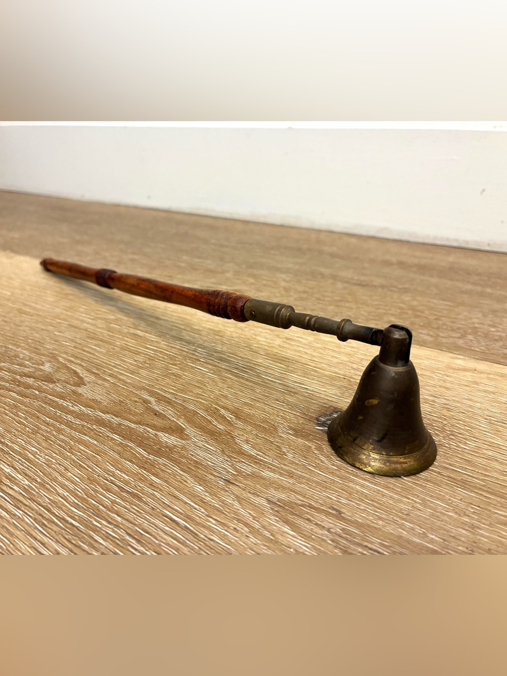 Vintage Brass Wood Candle Outter Snuffer Bell Turned Wooden Handle